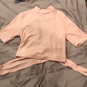 blush pink, open back wrap top